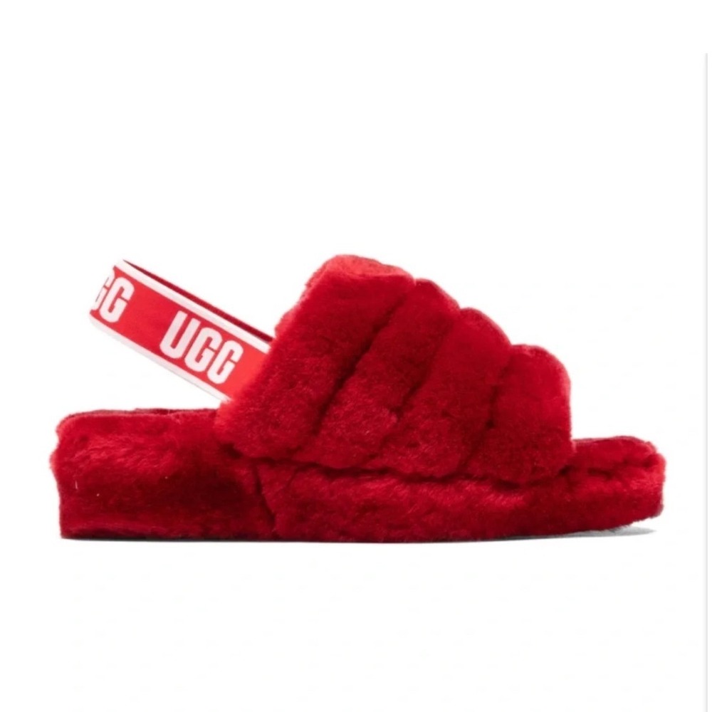 UGG Fluff Yeah Slide Red Sheepskin Elastic Backstrap Slipper Sandal Womens 7